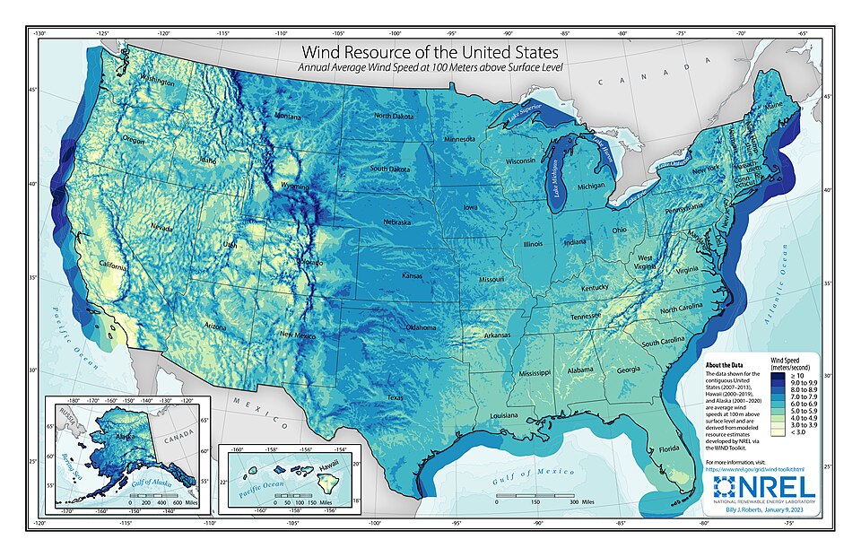 Land wind and subsidies The - Wind Resource Of The United States Showing Annual Average Wind Speed At 100 Meters Above Surface Level 1 
